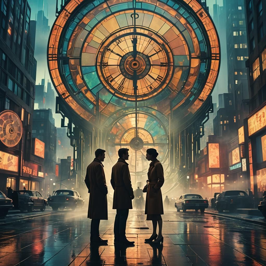 Time Traveler and Wife in Neon Art Deco City