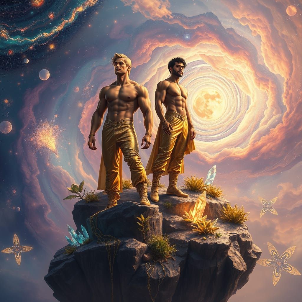 Floating Island Galaxy: Hyperrealistic Gold Outfits