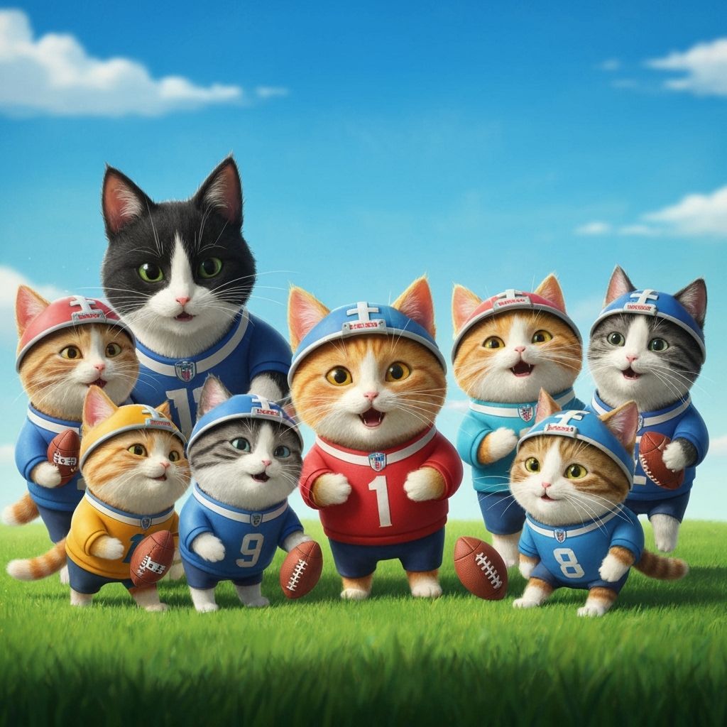 Cats Playing Football in Whimsical Style