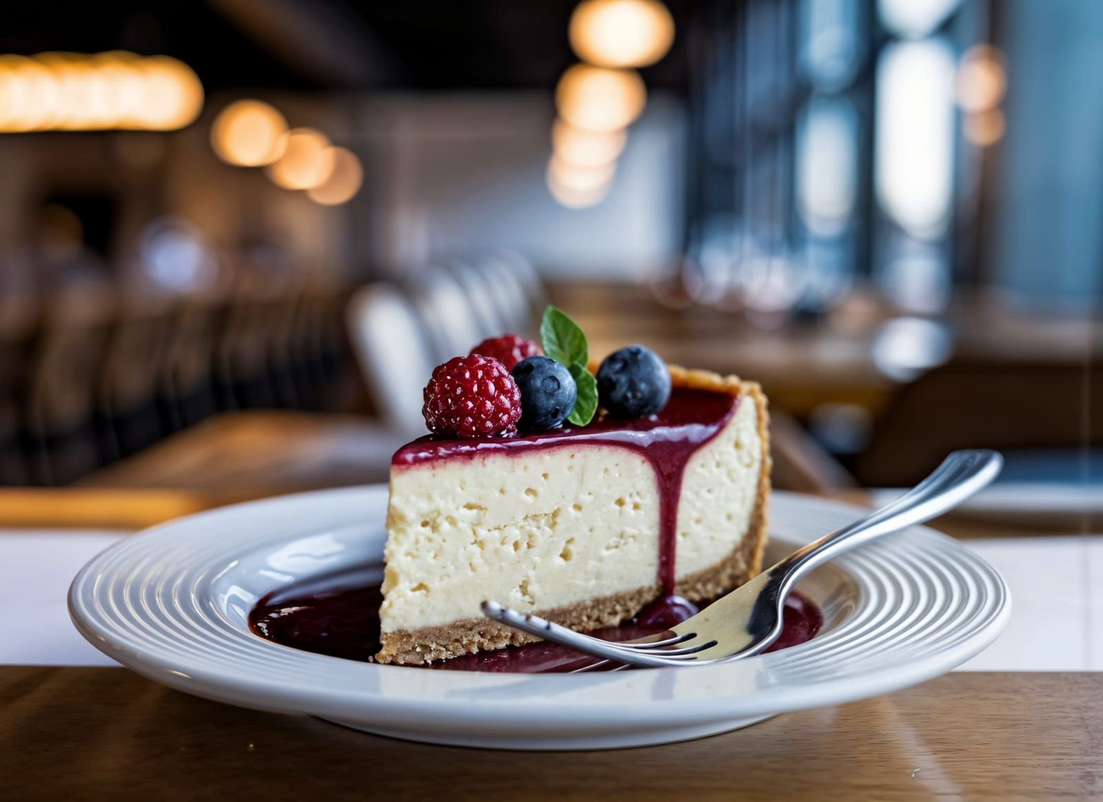 Hyperrealistic Cheesecake Slice in Restaurant Setting