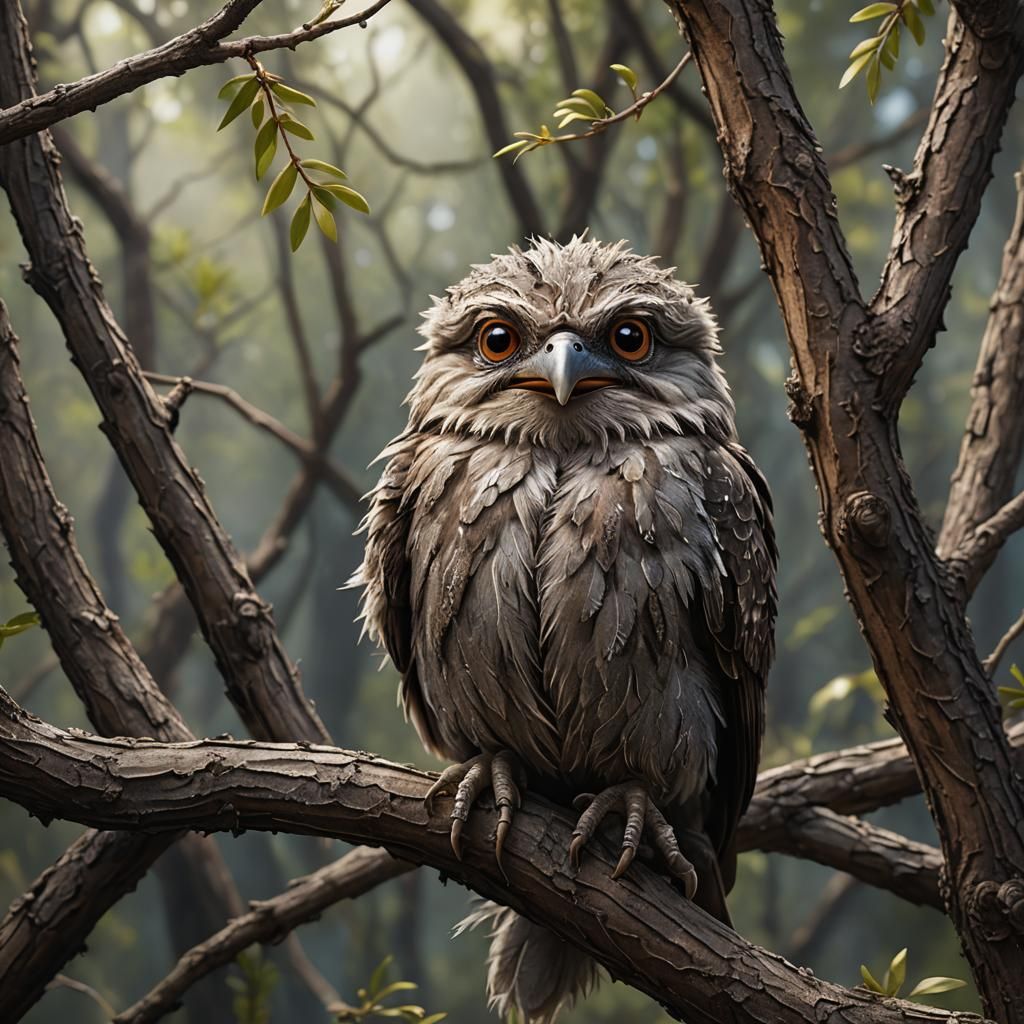 Adorable Baby Tawny Frogmouth: Detailed Fantasy Art