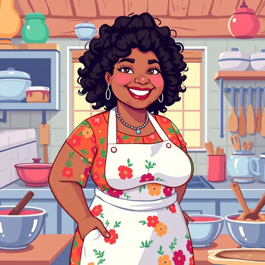 Vibrant Pixel Art of a Happy Woman in a Cozy Kitchen