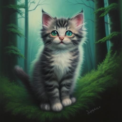 Norwegian Forest Kitten in Gouache Painting