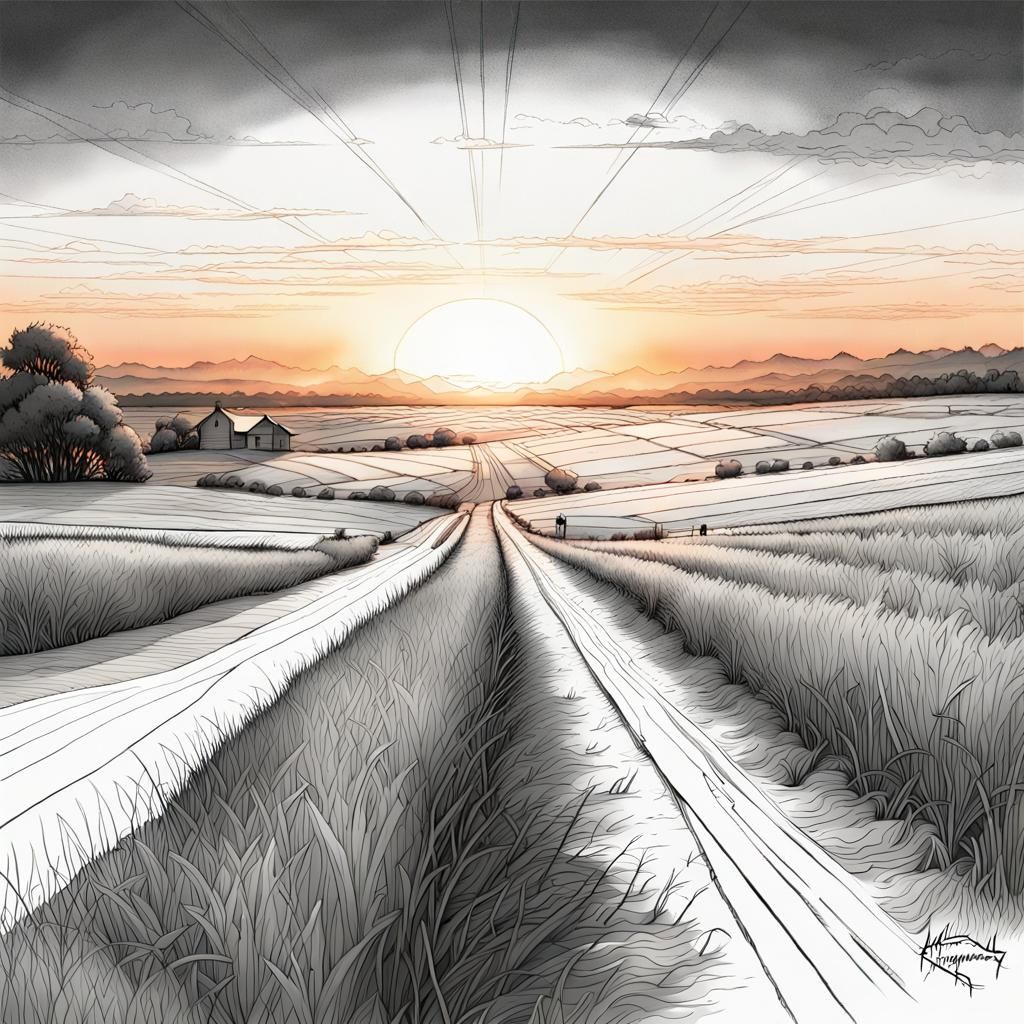 Sunset Over Farmland: Intricate Line Art Illustration