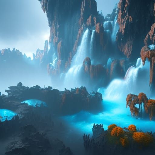 Fantastical Zero Gravity Waterfalls in Detailed Matte Painti...