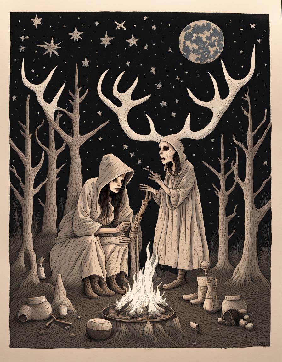 Eerie Witch Campsite Under Cosmic Stars