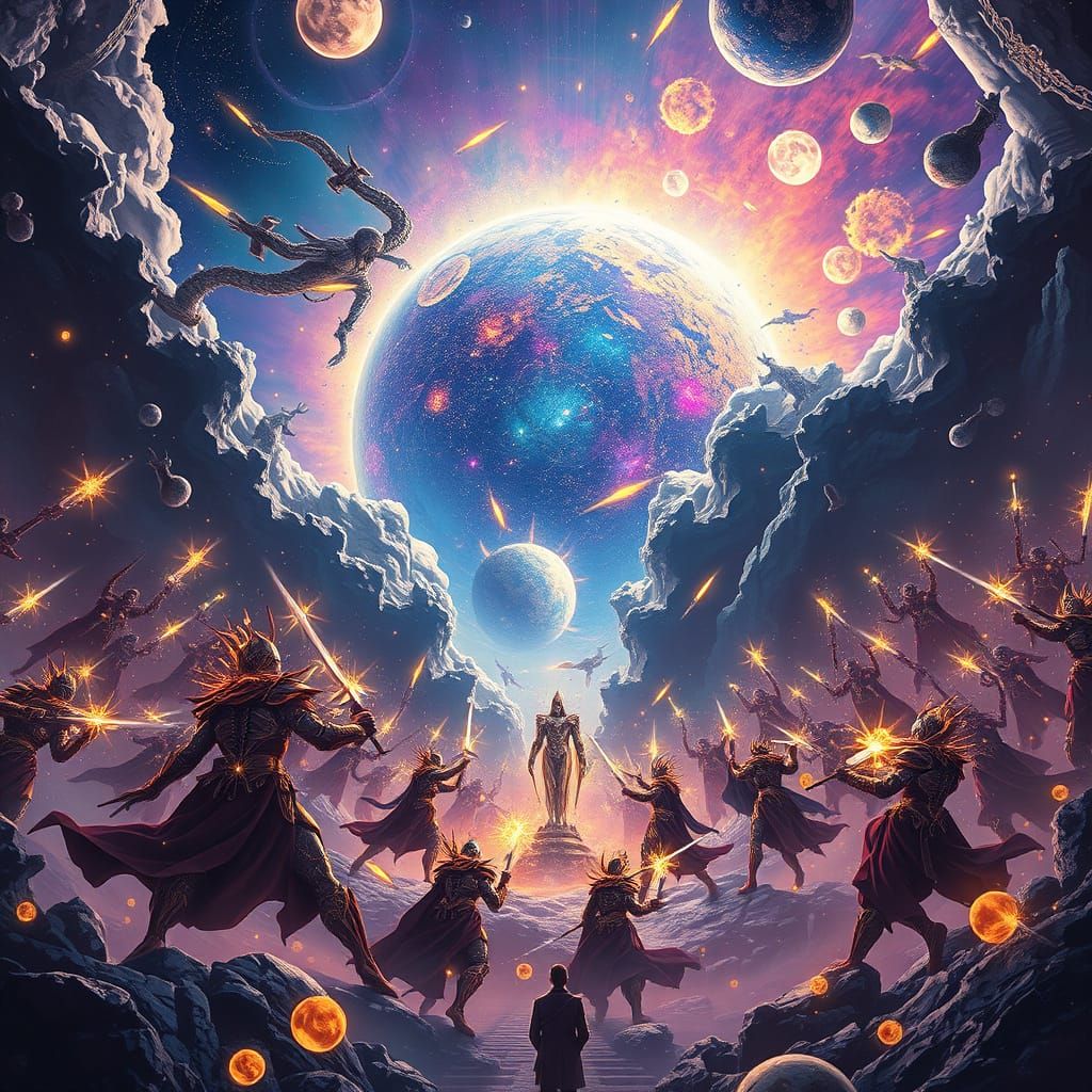 Ethereal Warriors Clash in a Cosmic Fractured Sky