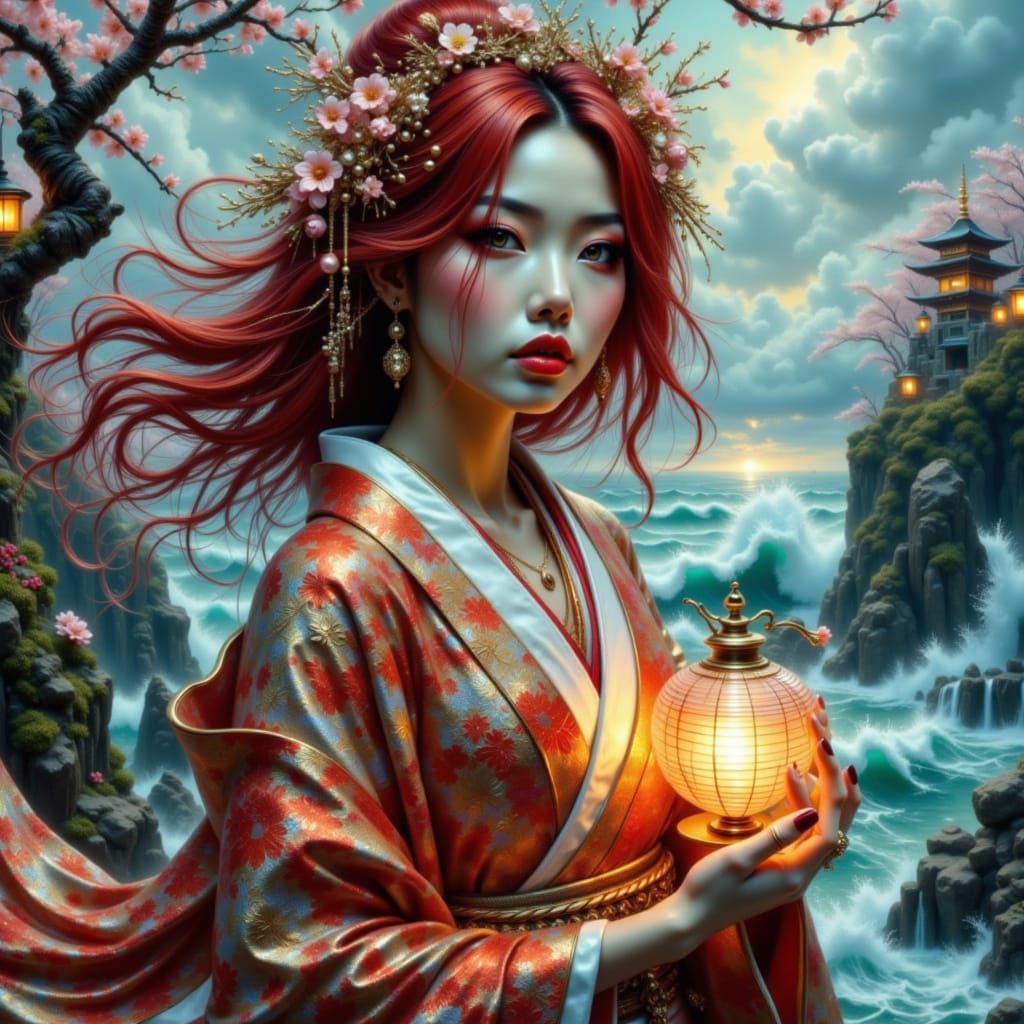 Crimson Geisha on Cliff Overlooking Stormy Sea