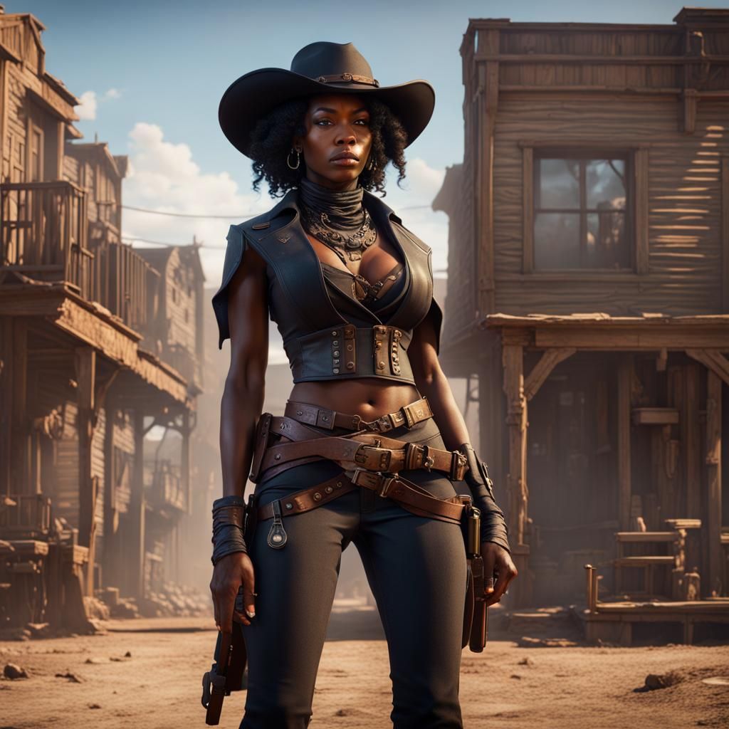 Futuristic Black Female Gunslinger in Wild West Town