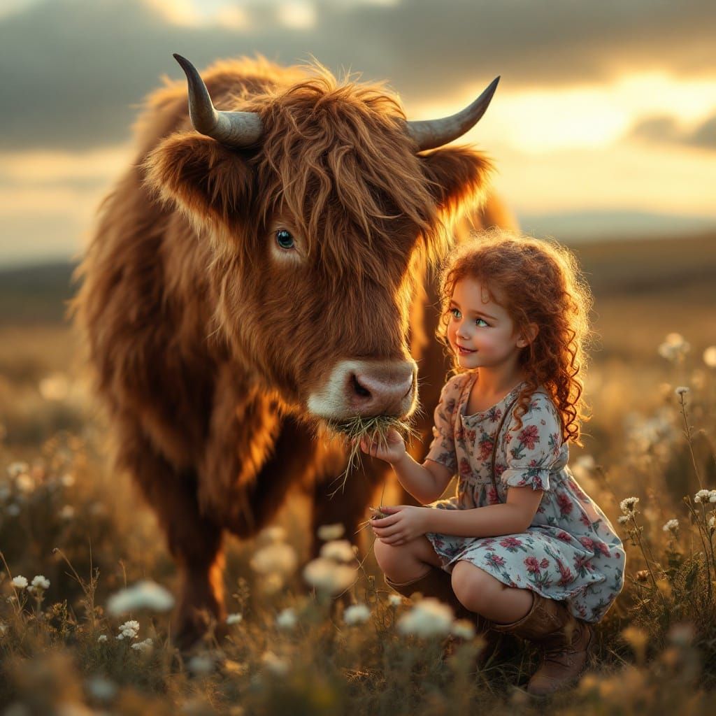 Little Girl Feeds Majestic Scottish Cow on a Windswept Moor