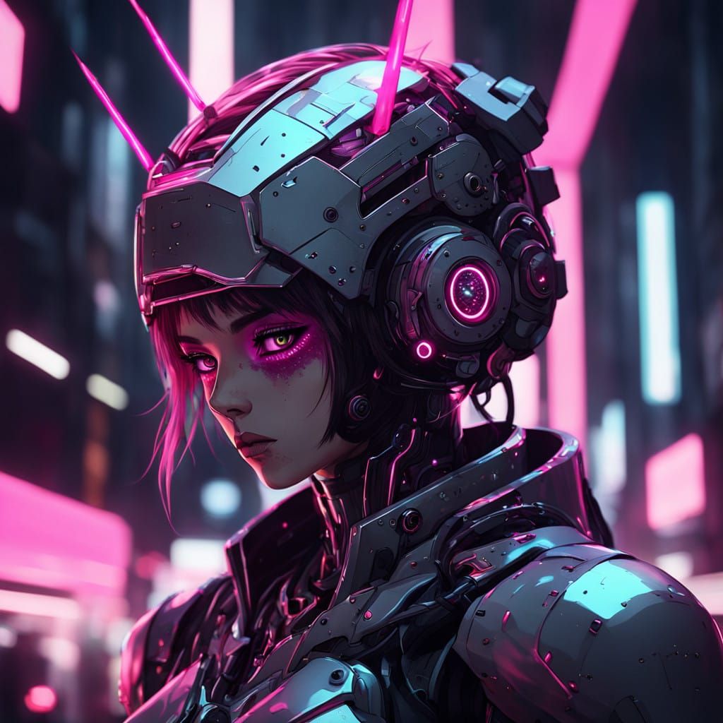 Surreal Anime Android Goddess in Neon Cyberpunk Cityscape