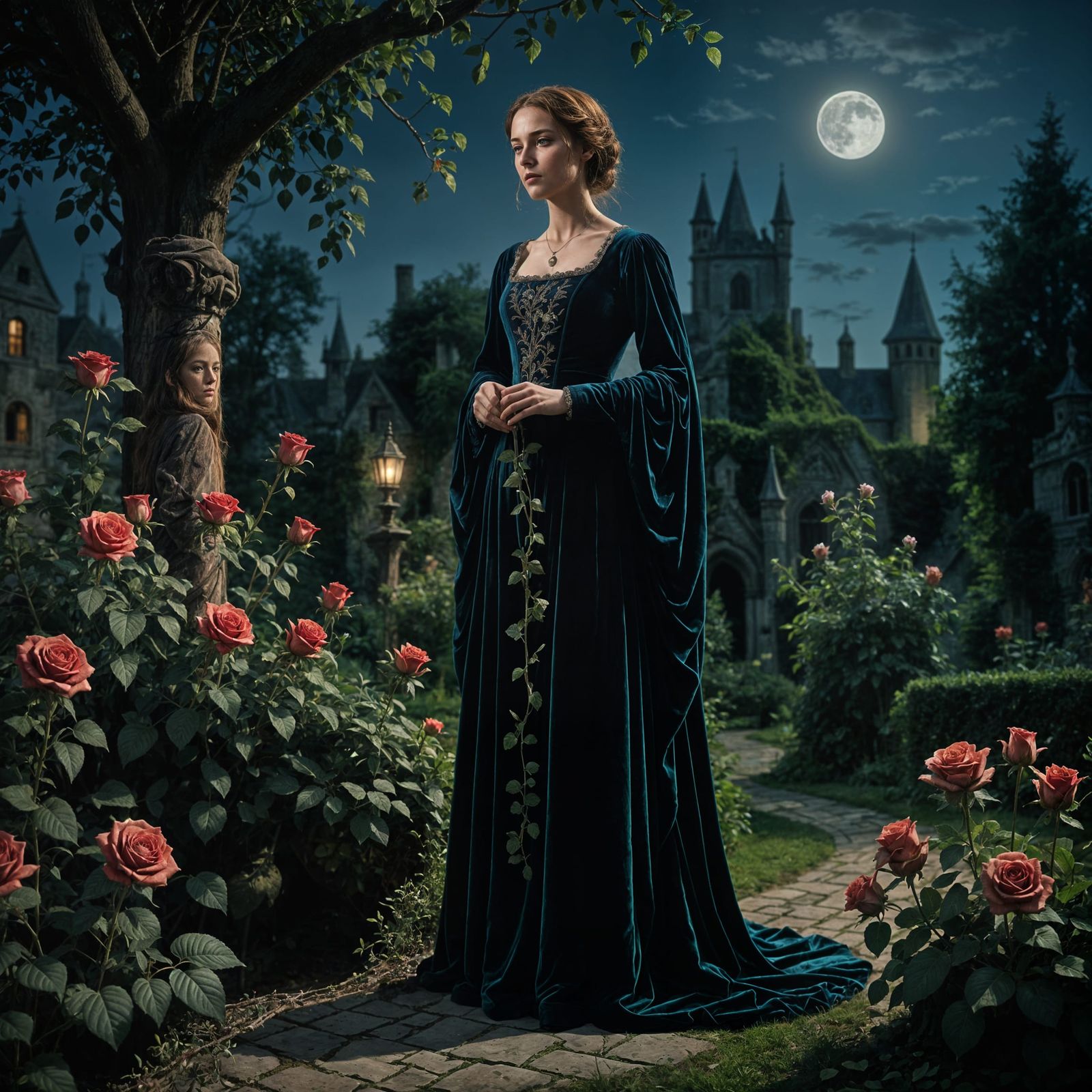 Medieval Woman in Moonlit Garden, Pre-Raphaelite Style