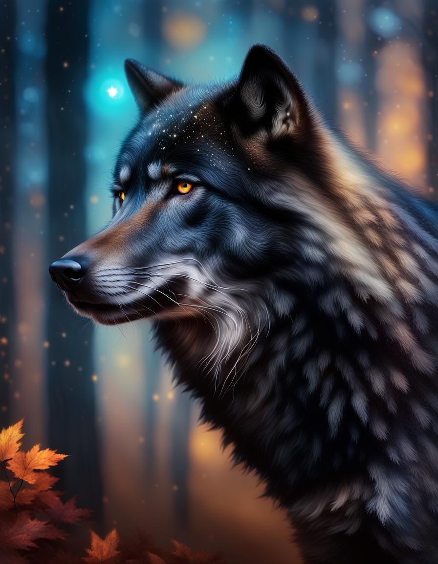Hallucinatory Black Wolf in Autumn Starry Night