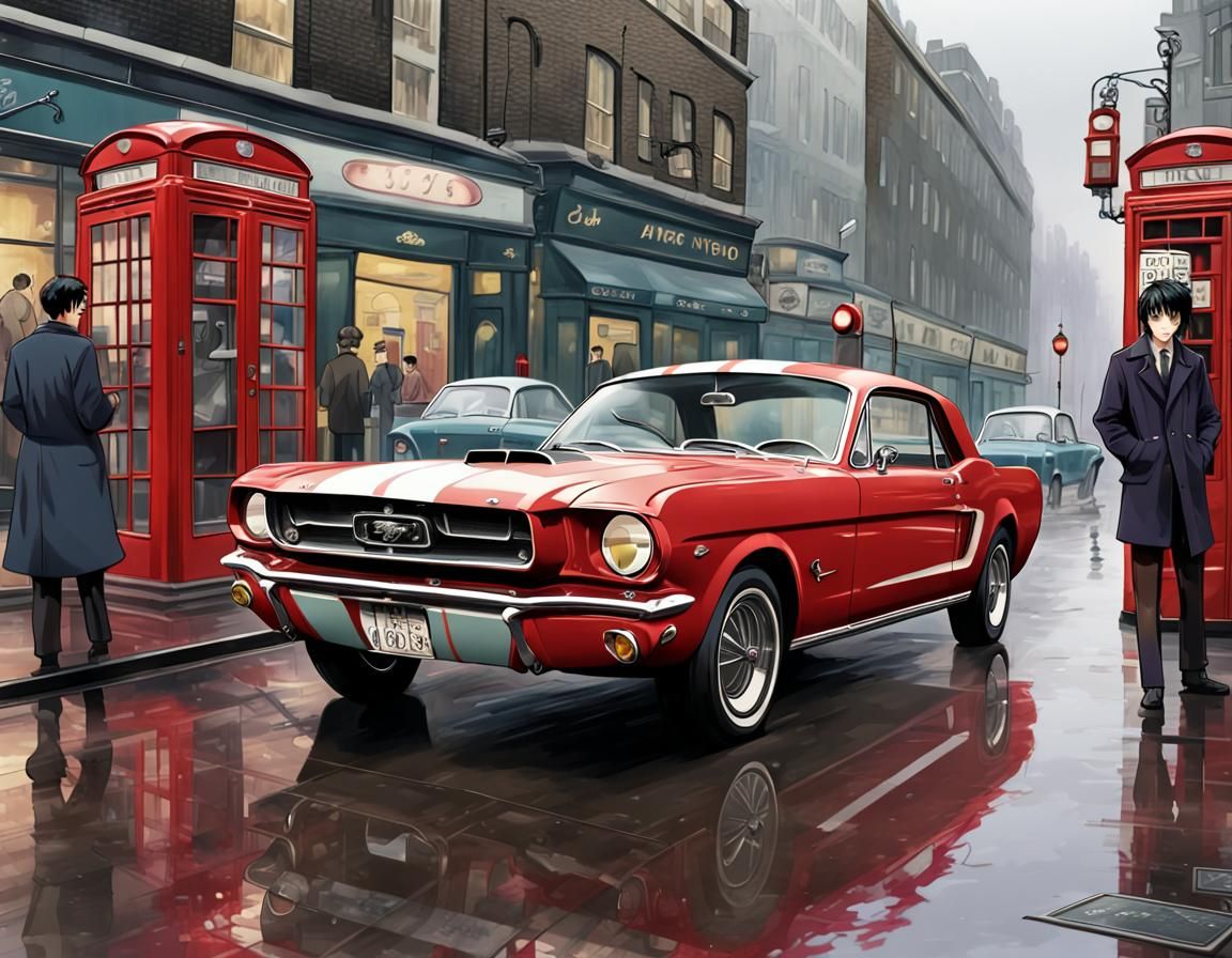 1965 Ford Mustang on Baker Street in Anime Style