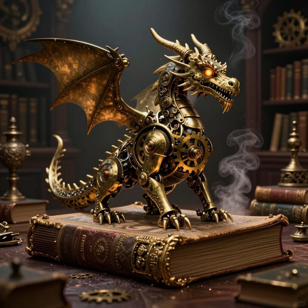 Clockwork Dragon on Ancient Tome in Opulent Library