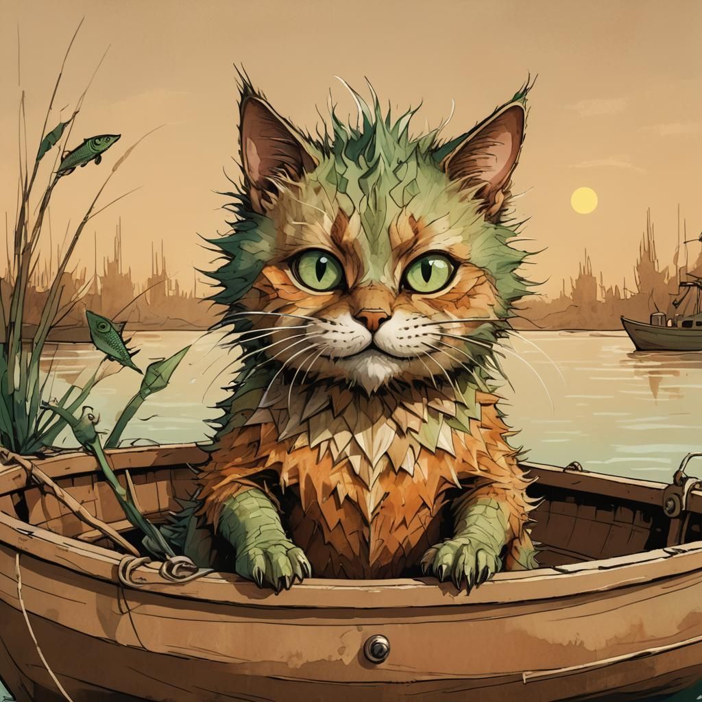 Scared Cat in Boat: Whimsical Digital Illustration