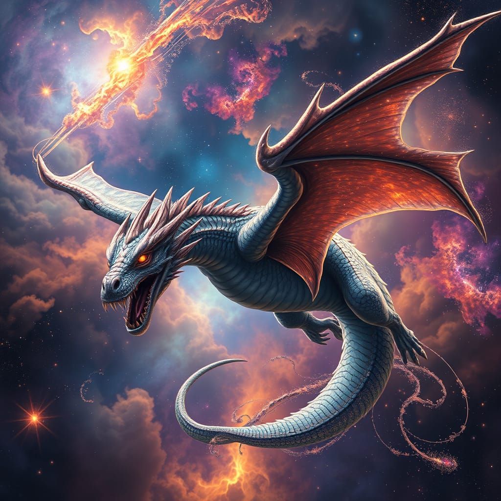 Cosmic Dragon Soaring Through Nebula in Fantasy Art Style