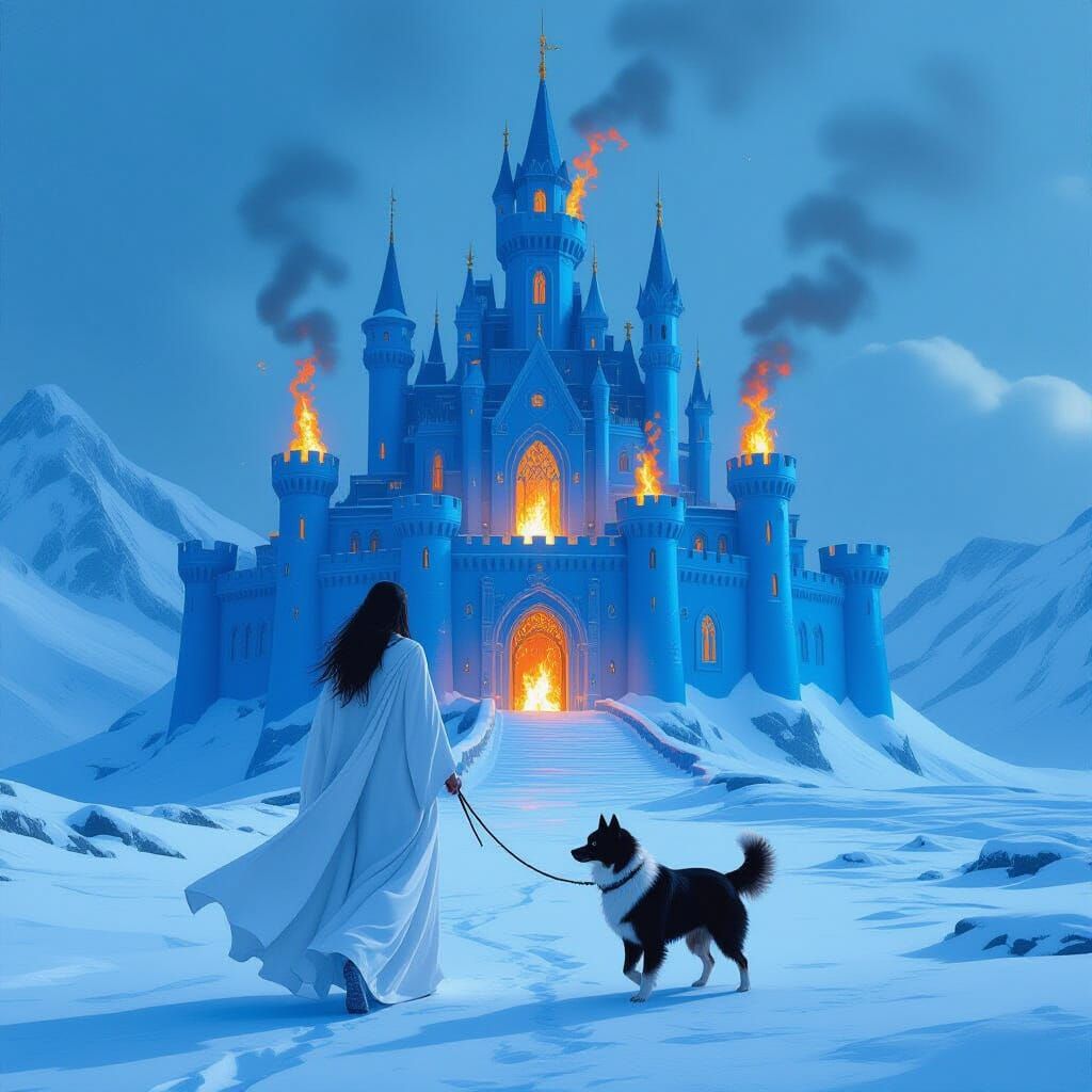 Mystical Woman Walks Dog to Burning Castle