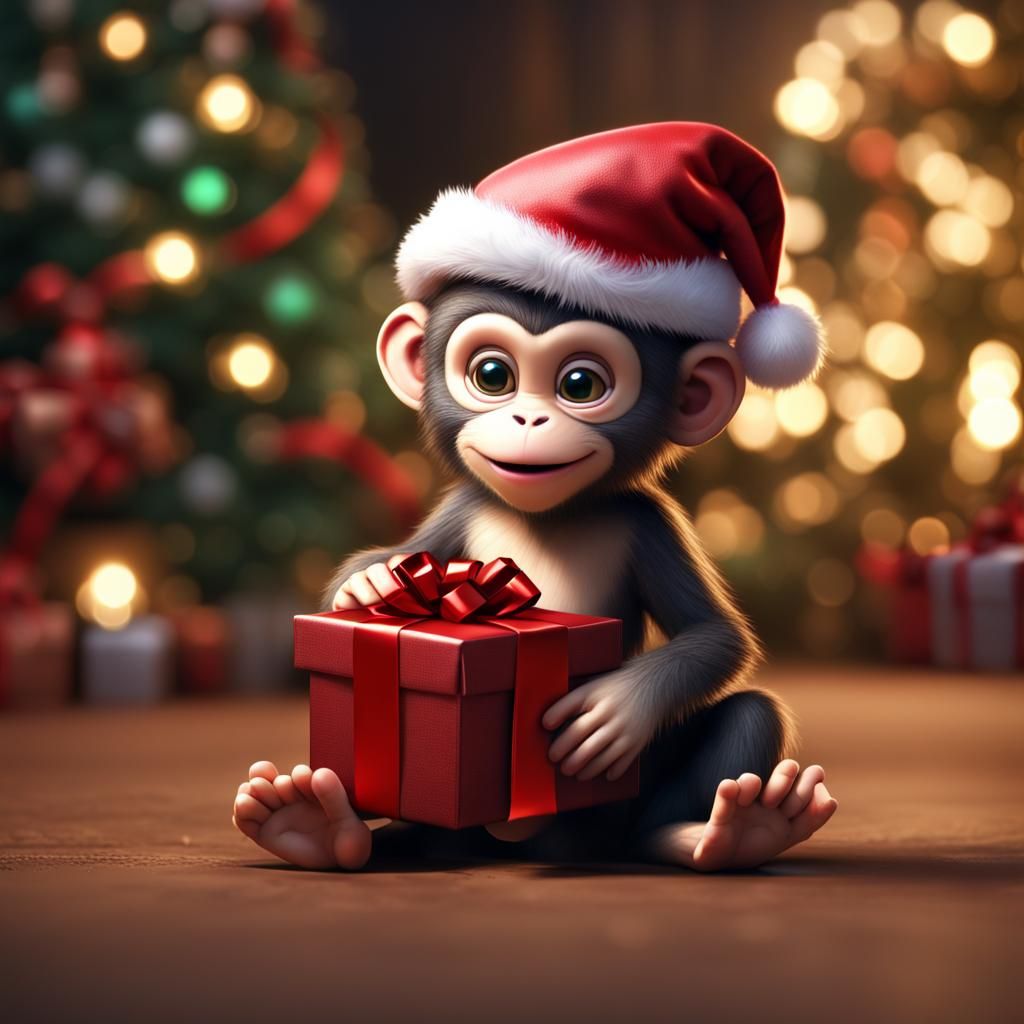 Festive Baby Monkey with Christmas Gift, Digital Art