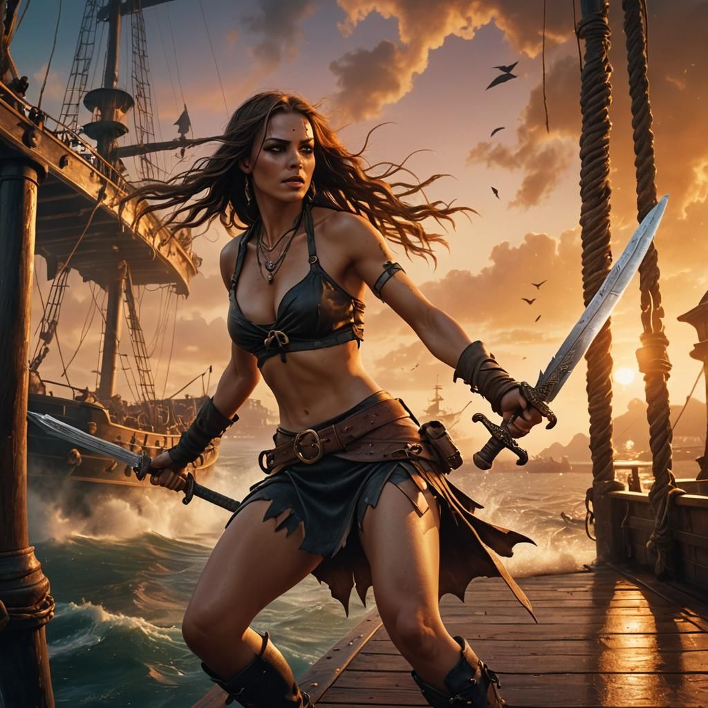 Pirate Leaping in Sunset: Fantasy Matte Painting