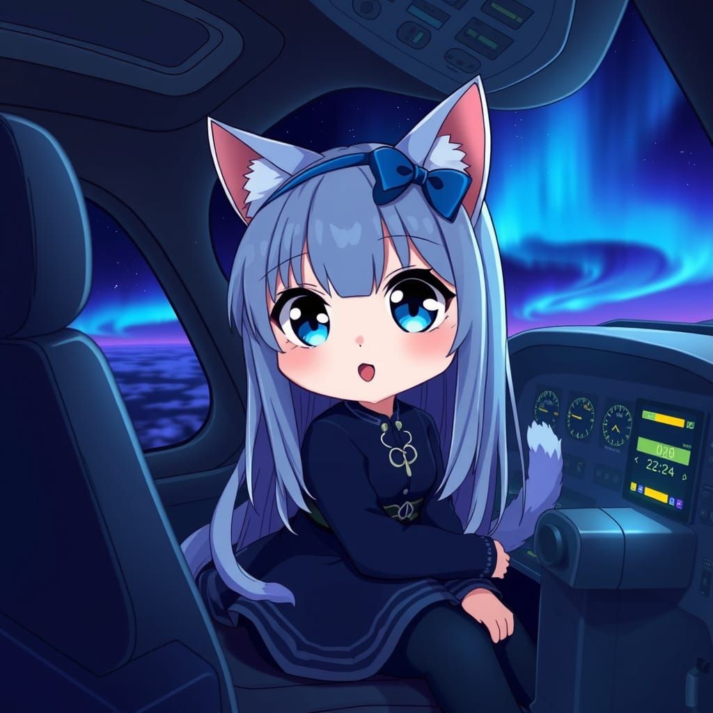 Anime Catgirl Pilots Airplane in Synthwave Style