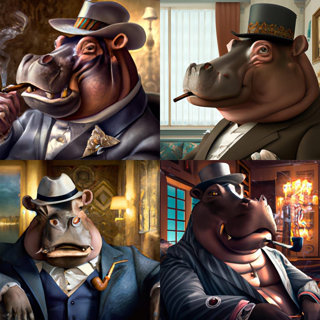 hippo dressed in 1940s zoot suit smoking a cigar in hotel room 8k resolution hyper detailed