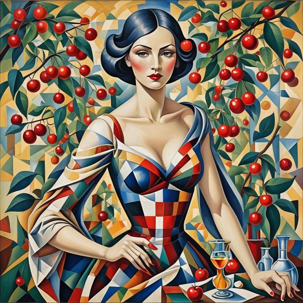 Abstract Cubist Cherries in Apothecary Jar