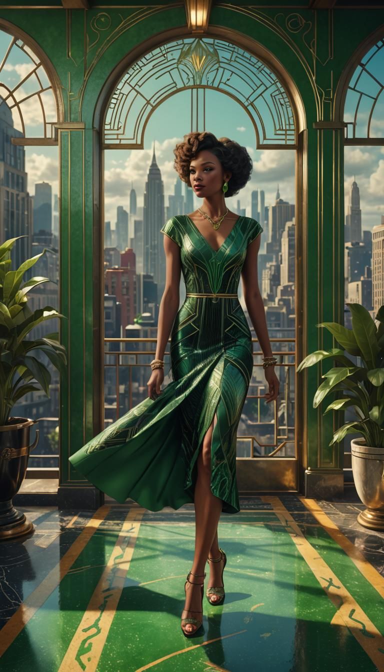 A black woman wearing a vibrant green dress in the penthouse...