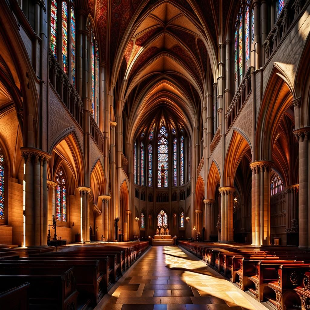 Detailed Gothic Cathedral with Stained Glass Windows