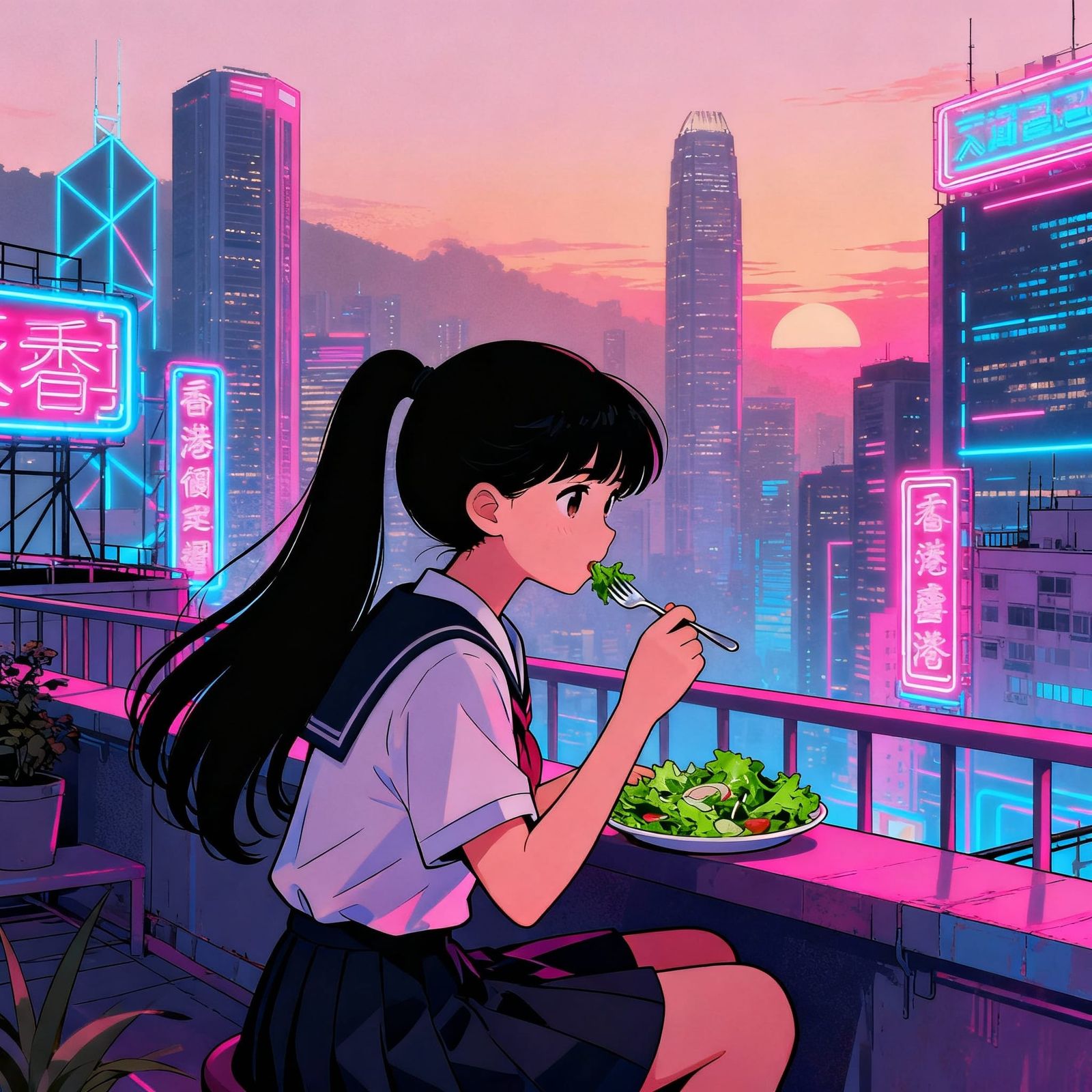 Hong Kong Girl Eating Salad in 80s Synthwave Style