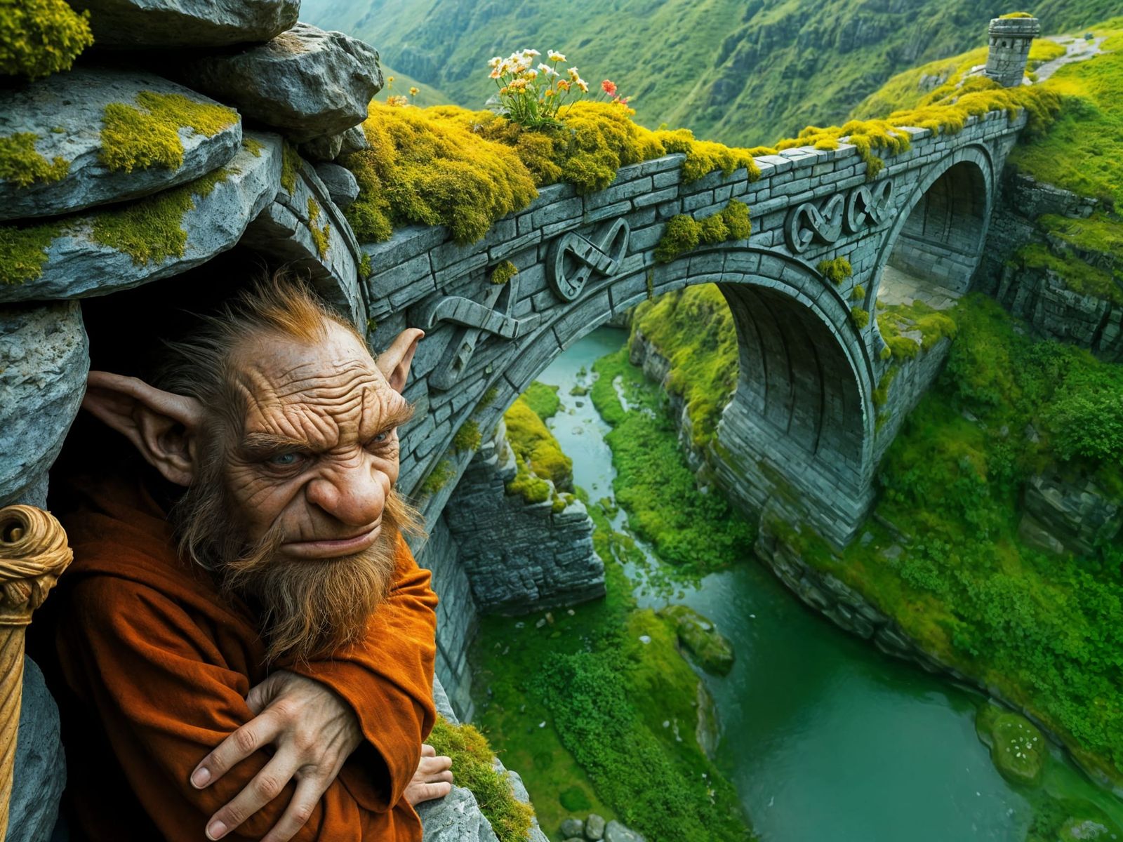 Ancient Troll Bridge in Irish Mythology Style