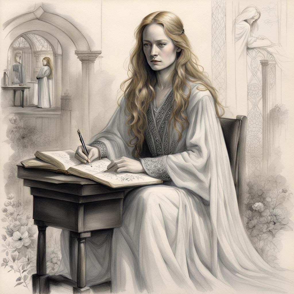 Woman Writing in Journal, Charcoal Drawing in Howe Style