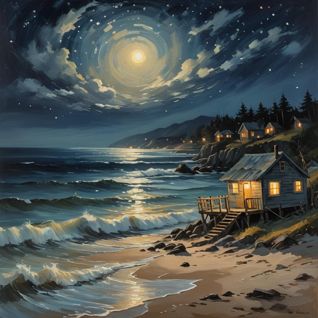 Impressionist Fishing Cabin Under Moonlight