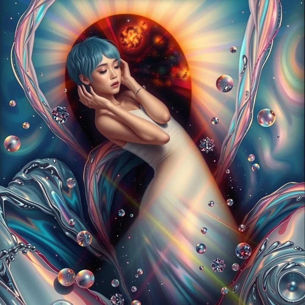 knolling Trompe l'oeil mirrors glass  iridescent fog laser beams abstract surrealism 3D  cosmic portals natural vibrant ...