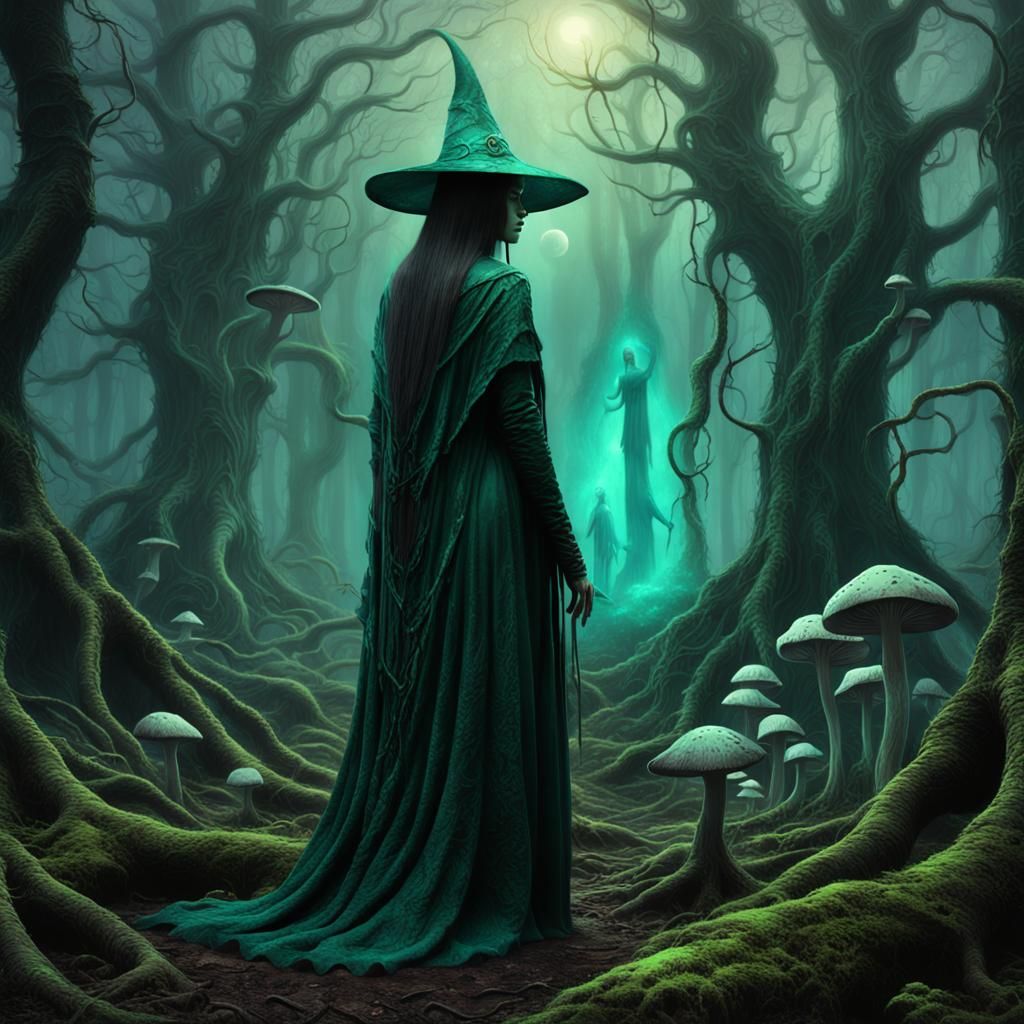 Mysterious Sorceress in Beksiński-Style Forest