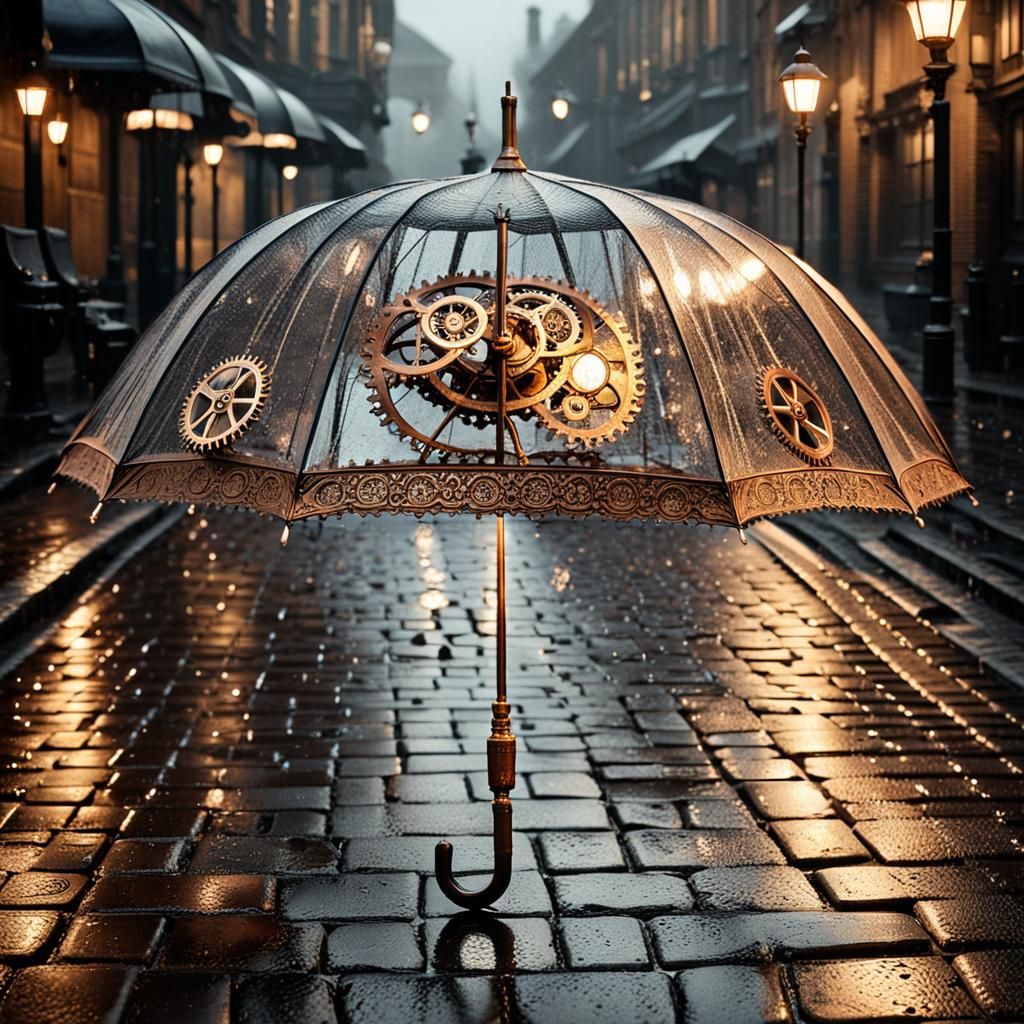 Steampunk Umbrella in Cobblestone Street