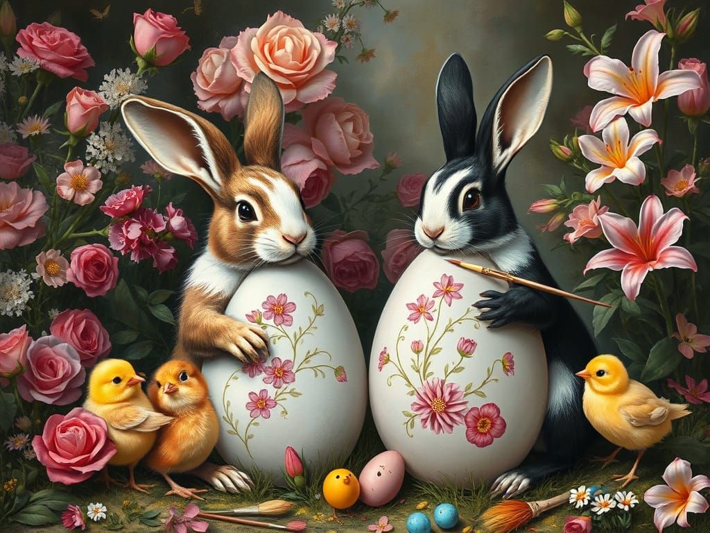 Rabbits and Chicks Painting Easter Eggs