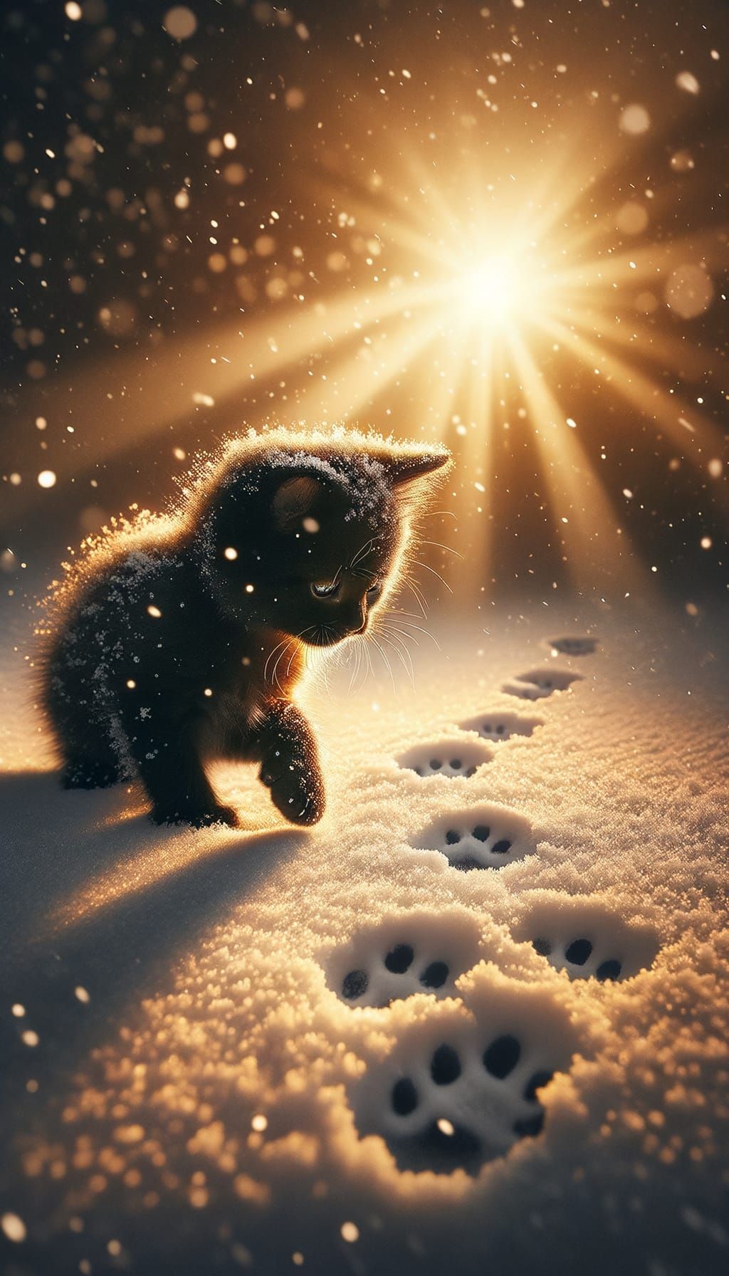 Black Kitten Frolicking in Snow at Sunset