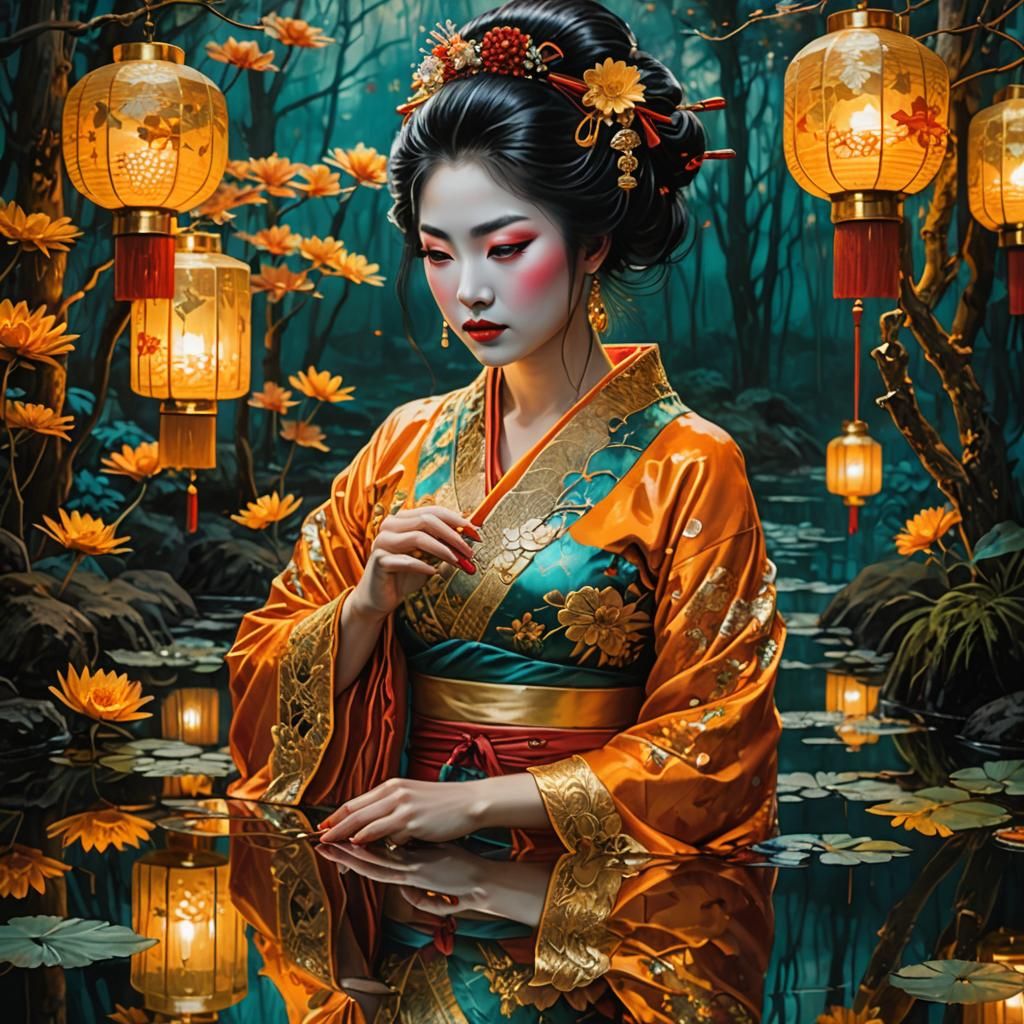 Geisha in Mirrored Reflection, Fantasy Lace Art