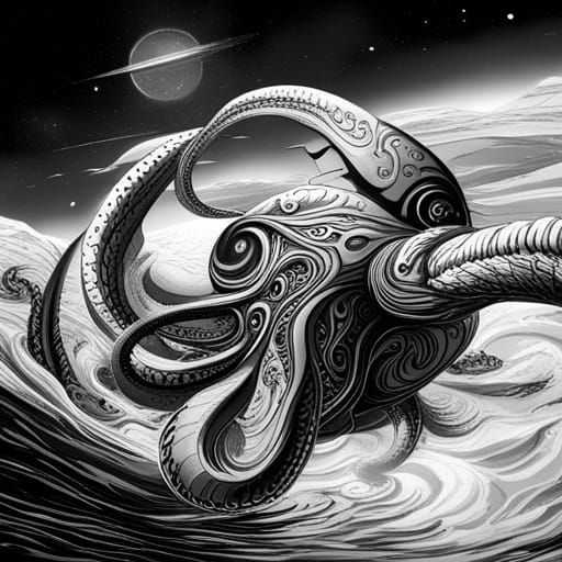 Kraken in Space: A Vintage Fantasy Drawing