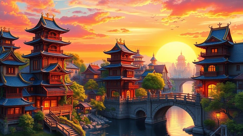 Whimsical Asian Cityscape in Vibrant Sunset Colors