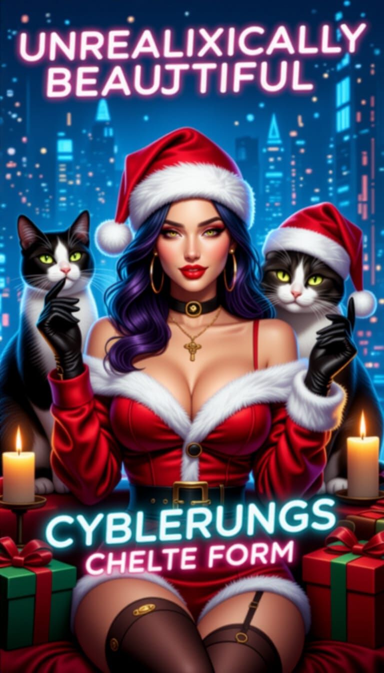 Cyberpunk Christmas Women with Cats and Candles