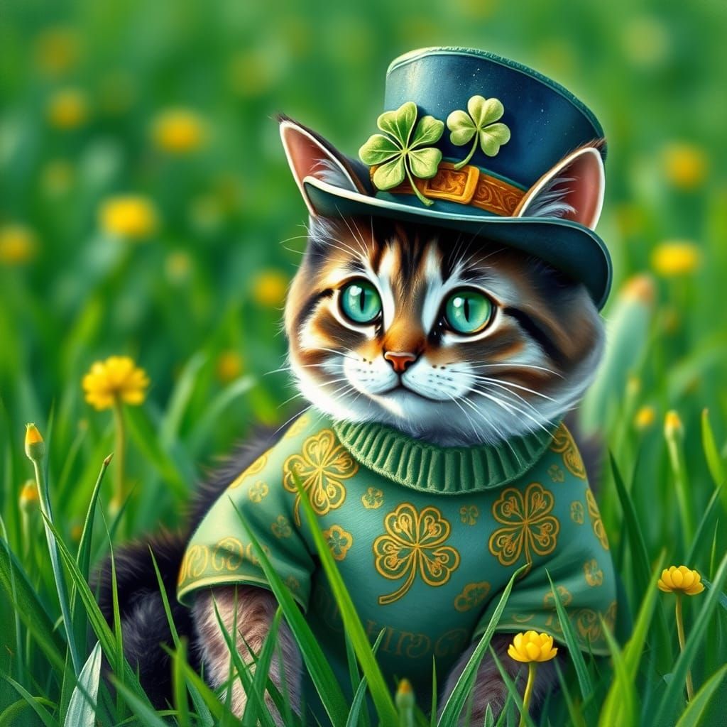 Whimsical Cat in Emerald Green Field