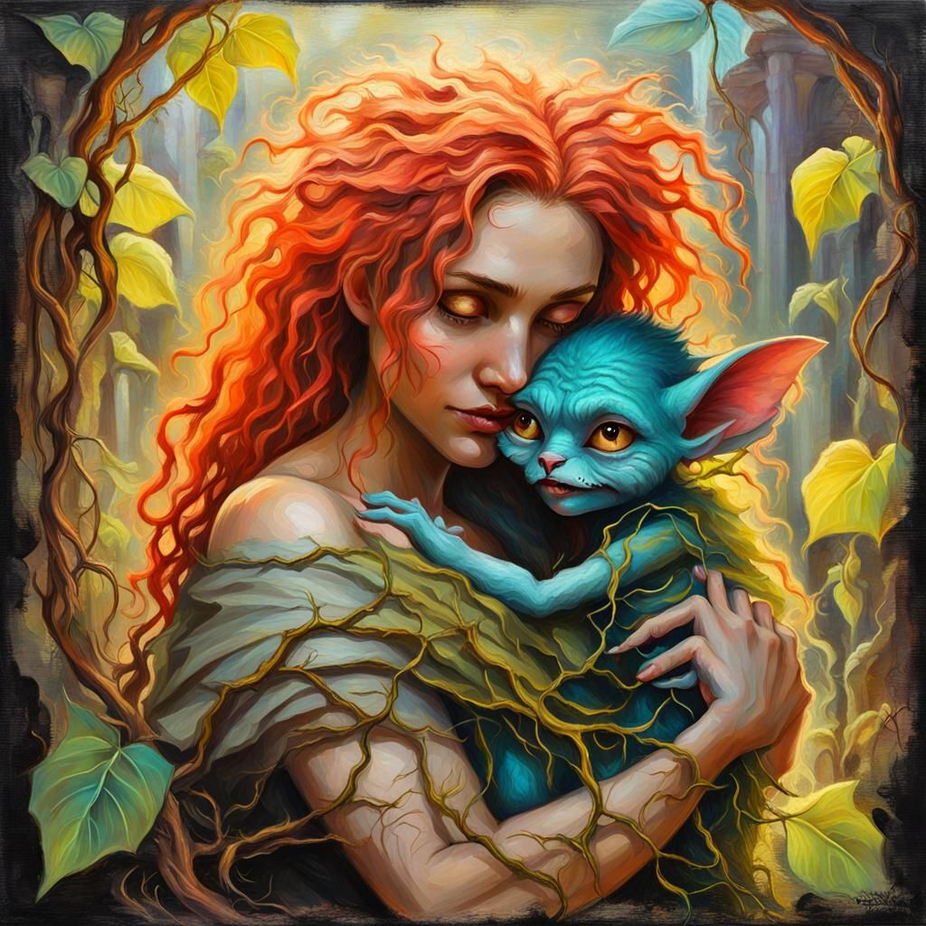 Woman Hugging Gremlin in Renaissance Oil Painting