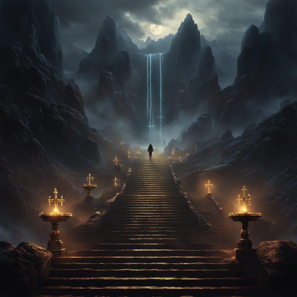 Mare Ascending Bronze Steps in Dramatic Digital Painting