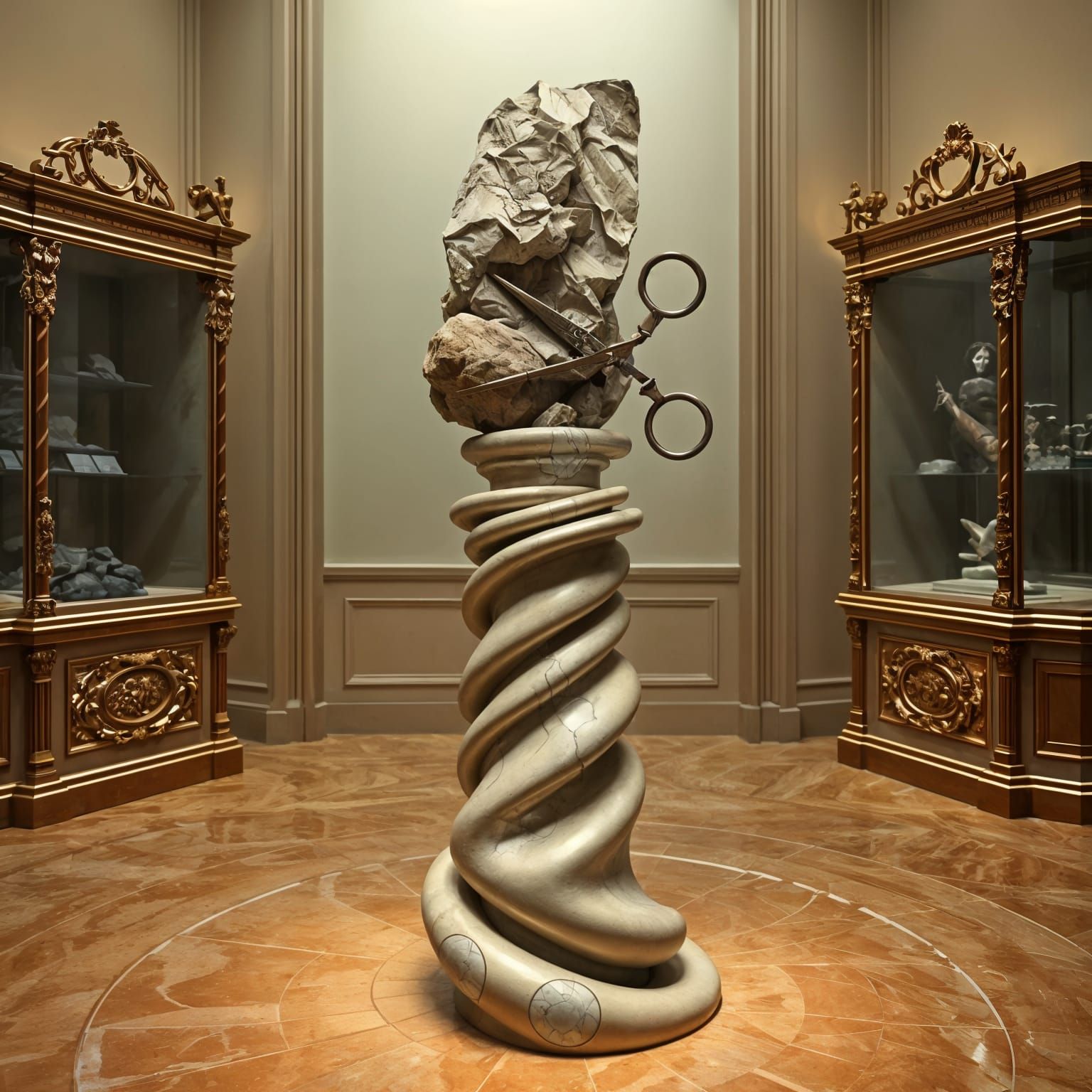 Fantastical Sculpture of Paper Rock Scissors on Spiraled Pil...