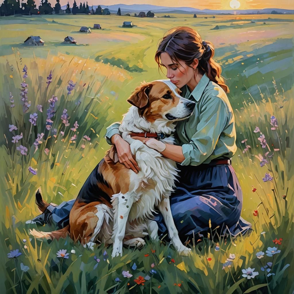Worried Dog Leaning on Woman in Twilight Meadow