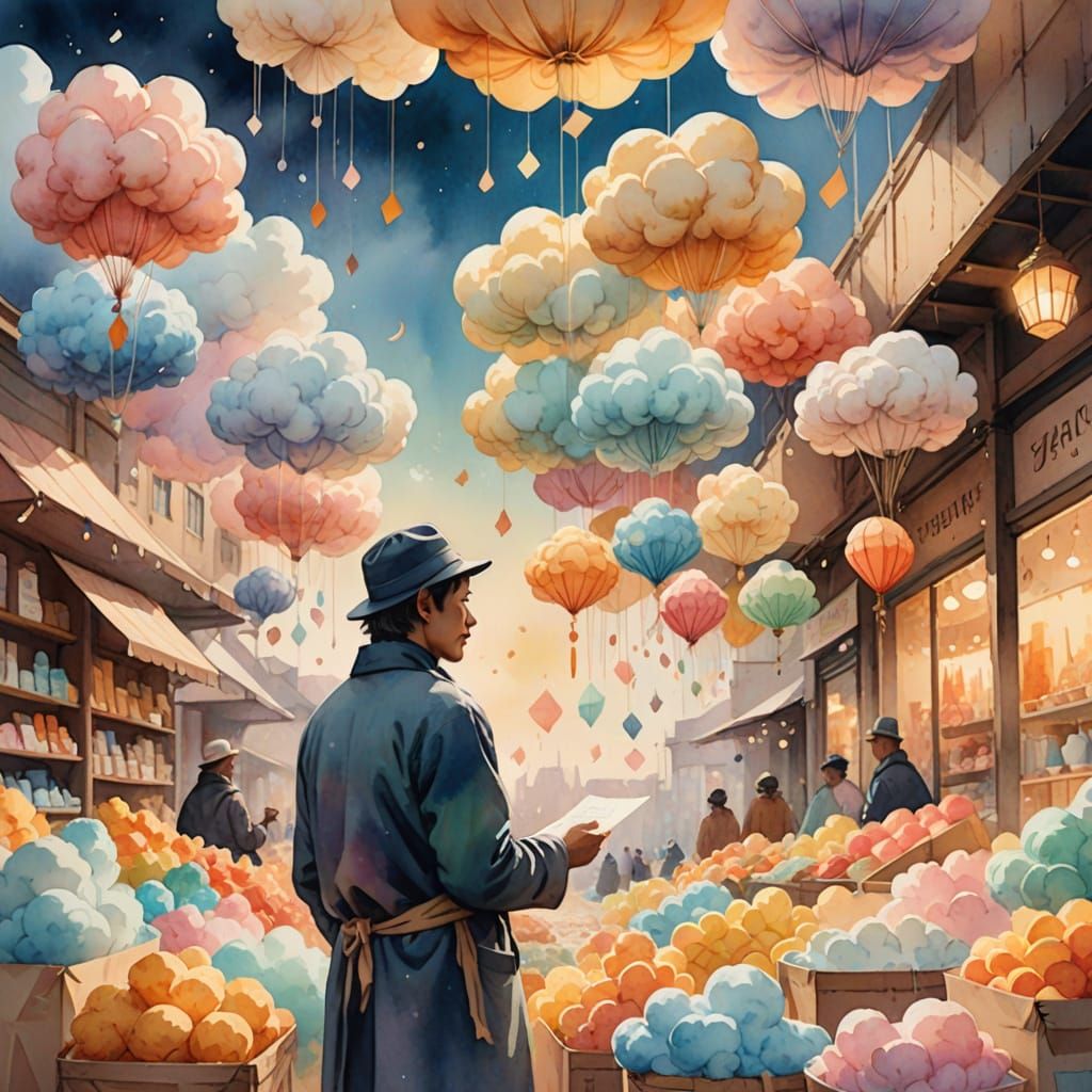 Ethereal Cloud Market in Watercolor Style