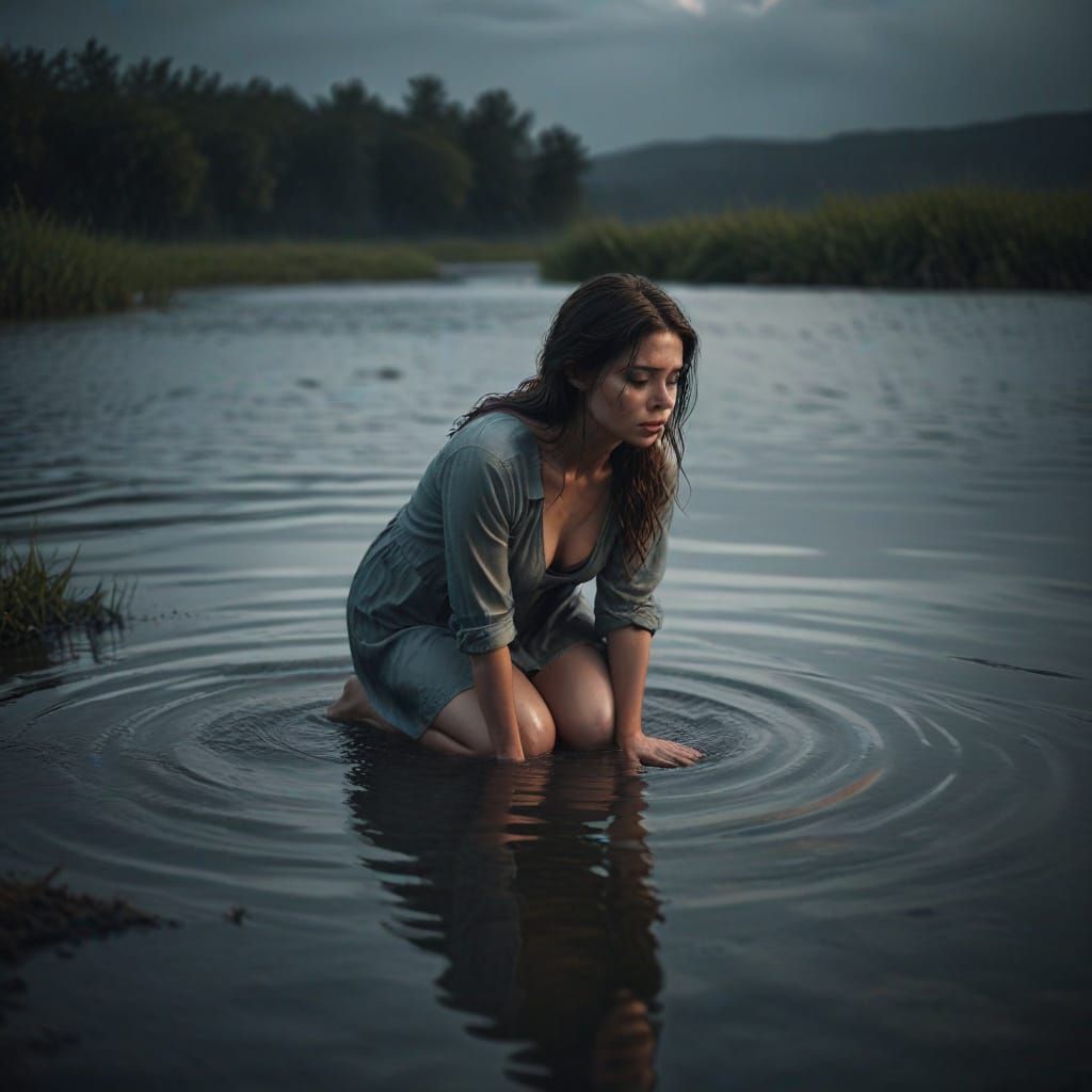 Woman in Deep Thought Amidst Shallow Water Reflections