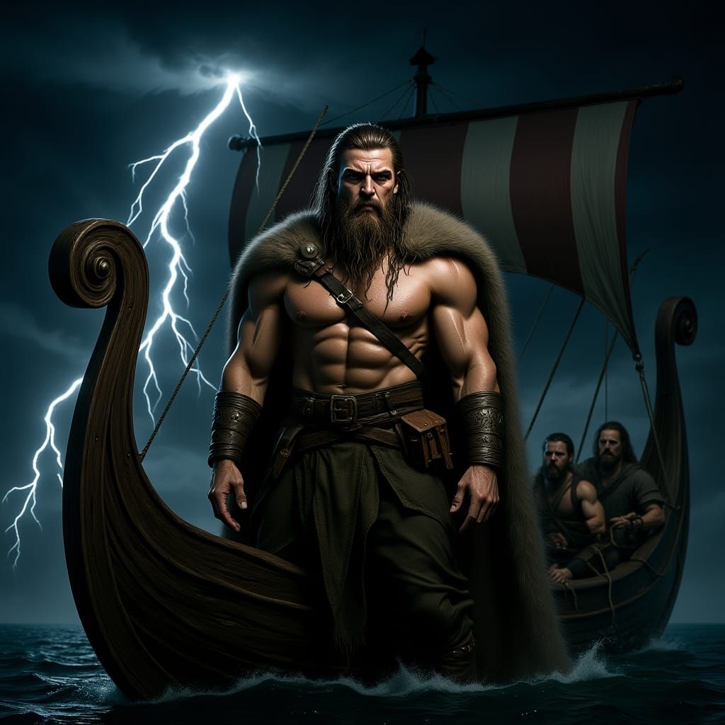 Viking Warrior on Longship in Storm, Photorealistic Style